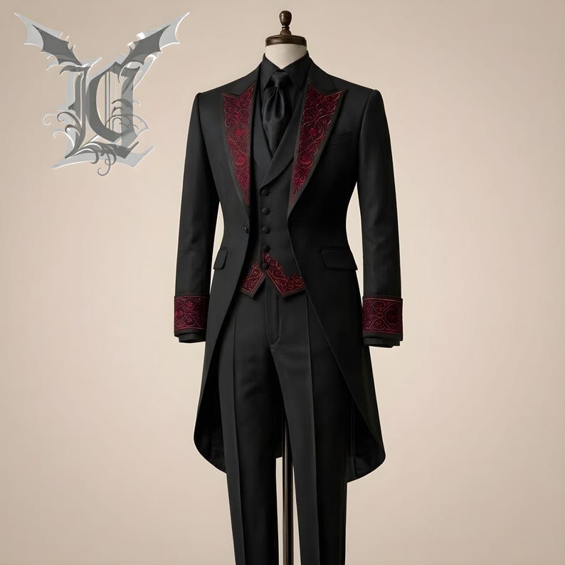Elegant men’s black Victorian gothic tailcoat suit with red embroidered detailing, steampunk inspired long coat, formal vampire cosplay outfit, baroque style wedding attire