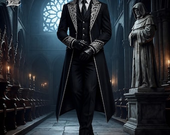 Mens Gothic Victorian Tailcoat, Black Silver Embroidered Frock Coat, Vampire Prince Jacket, Steampunk Wedding Coat, Handmade