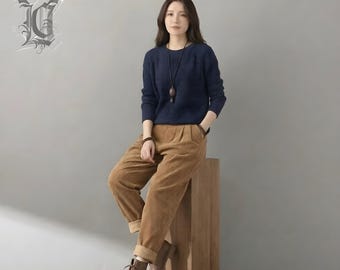 Winter Slacks Corduroy Pants for Women, High Waisted Pants, Loose Fit Corduroy Slacks in Camel Brown, Handmade Pants, Warm Autumn Trousers