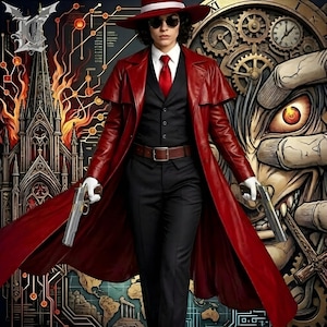 Gabardina roja de cuero estilo vampiro de anime, abrigo de cosplay inspirado en Hellsing, abrigo largo gótico para hombre y mujer, atuendo estilo Alucard.