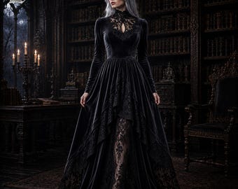 May include: A floor-length black velvet dress featuring long sleeves, a high lace neckline with a keyhole cutout, and a layered skirt with a high-low hemline that reveals an intricate black lace underskirt with a detailed floral pattern.