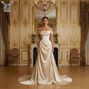 Elegant off shoulder satin wedding dress with draped corset bodice and long flowing train in luxury palace setting