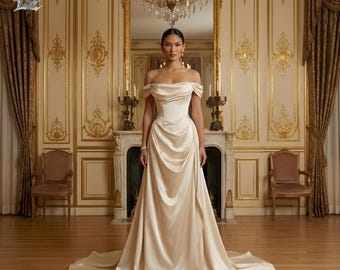 Schulterfreies Satin Brautkleid, drapiertes Brautkleid mit Schleppe, elegantes minimalistisches Brautkleid, Luxuskorsett Brautkleid