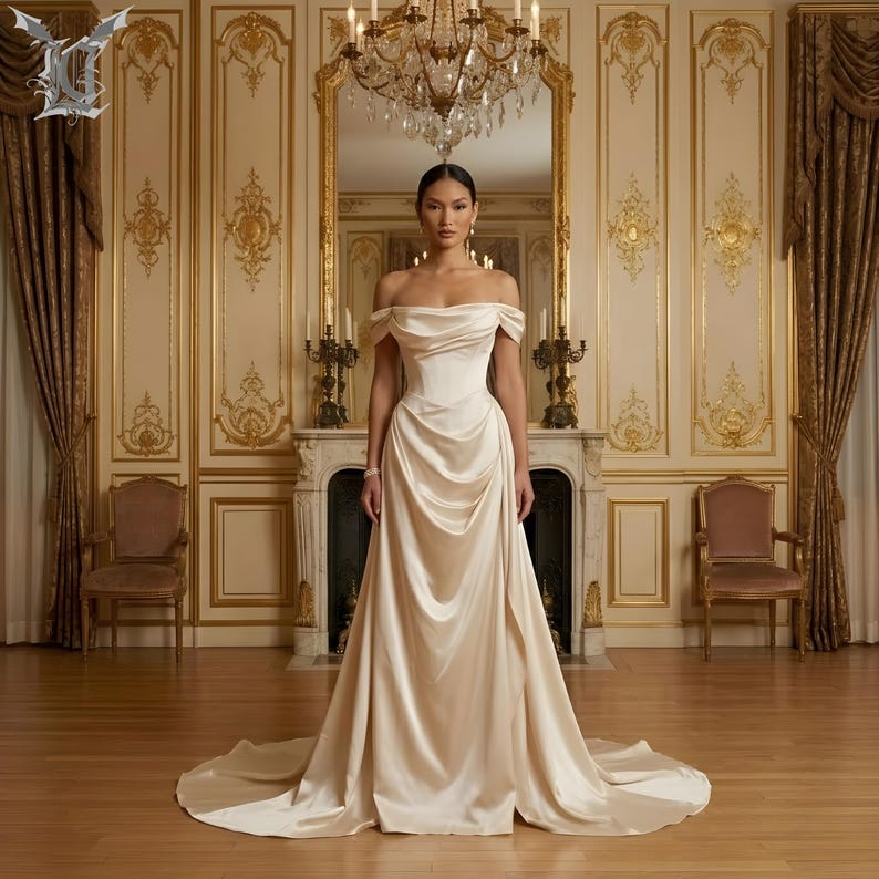 Elegant off shoulder satin wedding dress with draped corset bodice and long flowing train in luxury palace setting