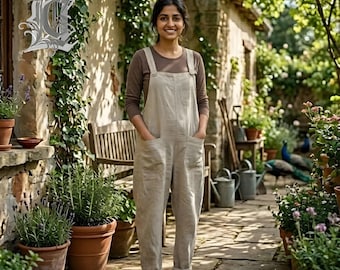 Mono de lino para mujer – Mono utilitario de pierna ancha, mono casual con cinturón, conjunto de ropa de trabajo de estilo vintage, conjunto de primavera-verano