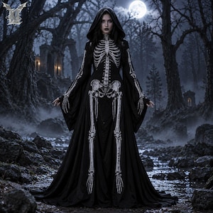 May include: A floor-length black hooded dress featuring a white skeletal print on the front. The design displays a detailed rib cage, spine, pelvis, and leg bones extending down the skirt, with long flared sleeves and a fitted bodice.
