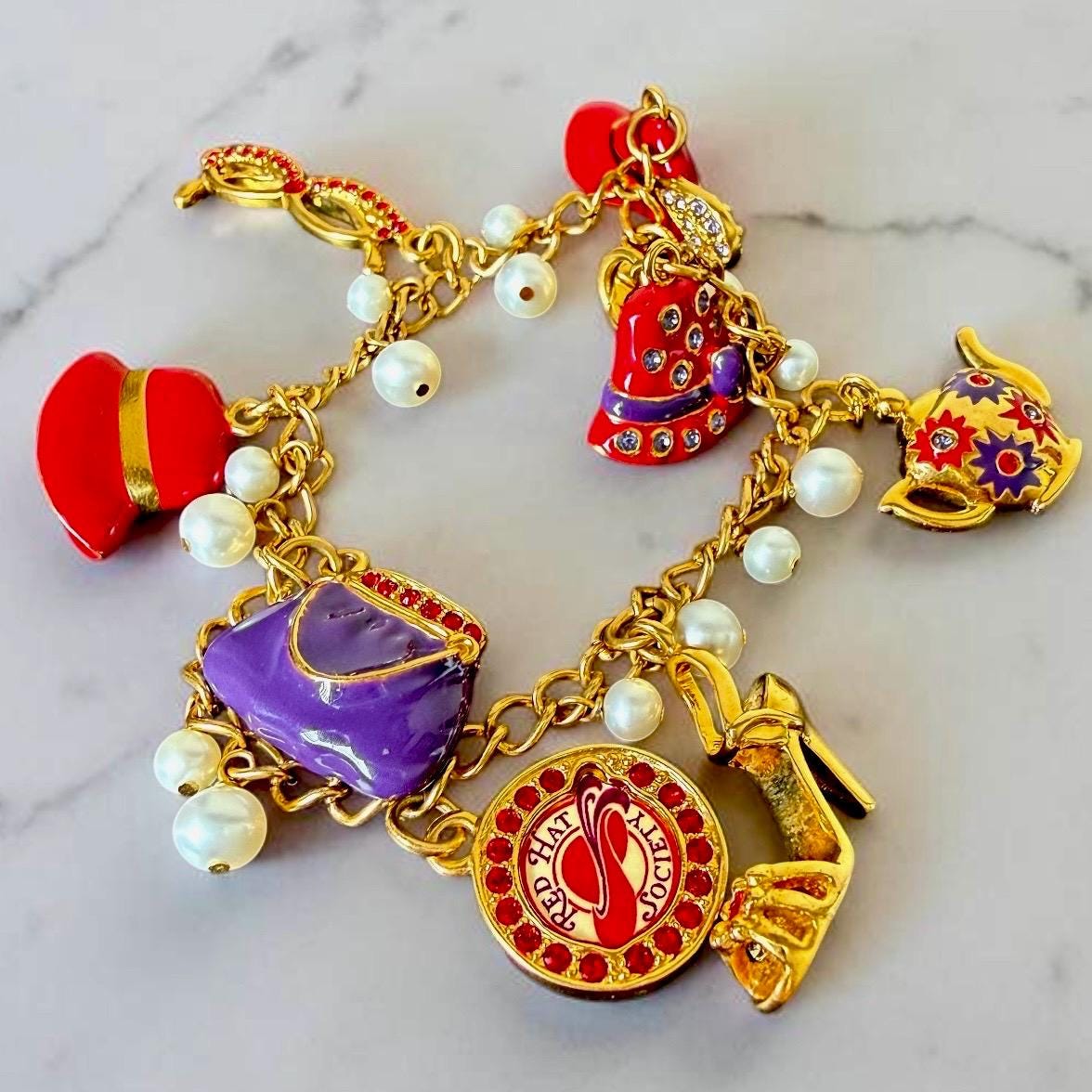 Red Hat Society Charm Bracelet: Gold Tone, 8 Themed Charms, Faux Pearls
