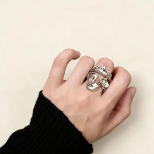 Abstract Face Stacking Ring Set, Greek Mythology Jewelry, Vintage Silver Tone Crown Ring, Adjustable Sculptural Ring, Surrealist Art Ring