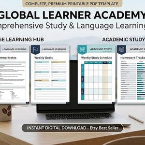May include: A digital study and language learning kit with the text "GLOBAL LEARNER ACADEMY". The kit includes printable templates for vocabulary, grammar, weekly goals, study schedules, and note-taking. The image also includes a laptop, a mug, and a pen.