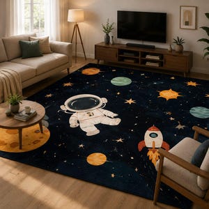 以下が含まれることがあります： 宇宙をテーマにした濃い青色の長方形ラグ。宇宙飛行士、惑星、星、ロケットが描かれています。ソファ、コーヒーテーブル、テレビのあるリビングルームに敷かれています。