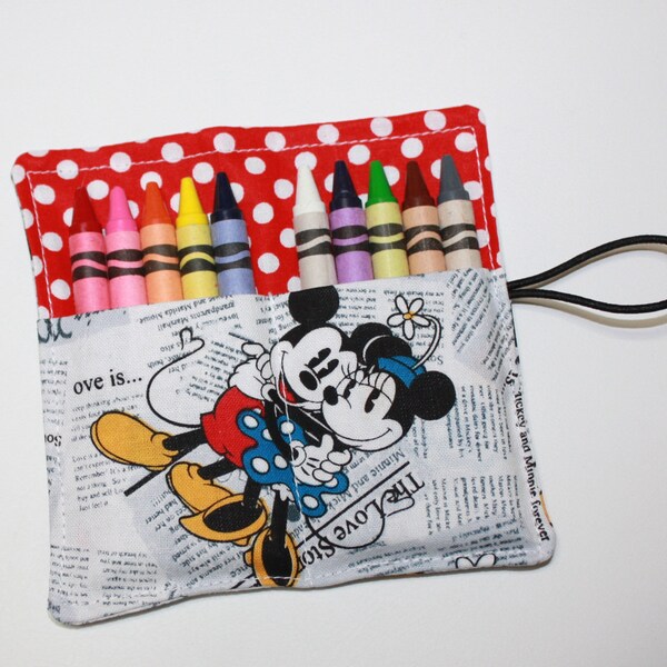 FAST SHIP! Crayon Rolls Party Favors, made from Mickey & Minnie Love fabric, holds 10 crayons, Birthday Party Favors