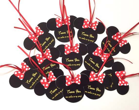 Ships FAST! NO NAME Sets of 12 Minnie Mouse Red Bows Thank You Party Favor Tags, Happy Birthday Party, Red Polka Dot Minnie Mouse Ears Il_570xn