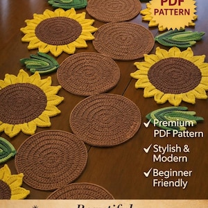 May include: A crochet pattern featuring sunflower and circular coaster designs. The sunflowers have yellow petals and brown centers, with green leaves. The coasters are brown. The text says "CROCHET PATTERN" and "PDF PATTERN".