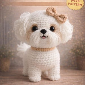 May include: A crocheted white dog amigurumi with a tan bow, collar, and facial accents. The text "CROCHET DOG AMIGURUMI" is at the top, with "PDF PATTERN" in a yellow circle. The WildKnot Patterns logo is at the bottom.