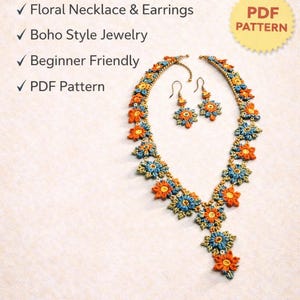 May include: A crochet pattern for a floral necklace and earrings. The boho-style jewellery is beginner-friendly. The necklace and earrings feature orange and blue flower designs. The pattern is available as a PDF.