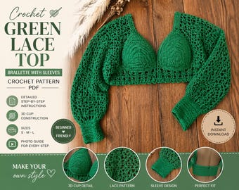 Grünes Spitzen-Bralette mit Ärmeln Häkelanleitung PDF