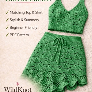 May include: A green crochet two-piece outfit, comprising a crop top and a skirt. The top features a V-neck, and the skirt has a drawstring waist. The image text reads "CROCHET TWO PIECE OUTFIT" and "Easy PDF Pattern".