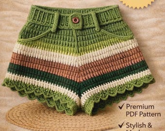 Boho Gestreifte Häkelshorts Muster - Bogenrandkante Grandma Stitch Sommer Shorts PDF Anleitung