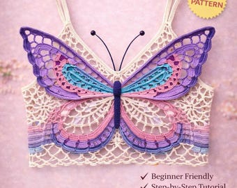 Häkel Top Schmetterling Muster, Boho Spitzen Bralette, Y2K Sommer Outfit (PDF Download)