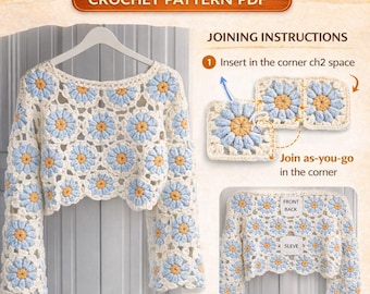 Daisy Grandma Square Cardigan Häkelanleitung PDF | Boho Blumen Strickjacke | Einfach Anfängerfreundlich