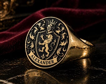 14K Solid Gold Signet | Custom Name Engraved | Heraldic Lion Design Gift