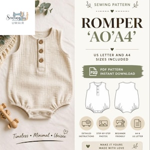 Puede incluir: Un pelele beige con botones de madera, cuello redondo y cierre de botones. La imagen también incluye un patrón de costura para el pelele, con el texto "ROMPER 'AO'A4'" y las palabras "Timeless, Minimal, Unisex."