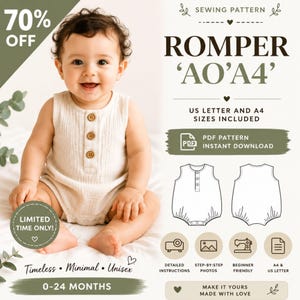 May include: A digital sewing pattern for a sleeveless romper with a three-button placket. The graphic includes text reading ROMPER 'A0'A4', US LETTER AND A4 SIZES INCLUDED, PDF PATTERN INSTANT DOWNLOAD, and 0-24 MONTHS, alongside line drawings of the garment.