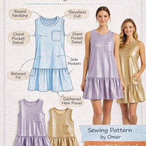Puede incluir: Patrón de costura de un vestido sin mangas con cuello redondo, detalle de bolsillo en el pecho y panel de dobladillo fruncido. El patrón incluye ilustraciones y fotos del vestido en colores azul claro, lavanda y dorado.