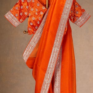 Organza Silk Saree | Sequin Diamond Work | Indian Wedding Sari Orange Wine Maroon