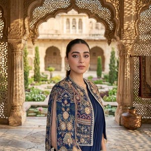 May include: A woman in a navy blue outfit, wearing an embroidered jacket with gold and colourful floral patterns. The background features an ornate architectural structure and a garden.