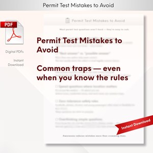 Op de afbeelding: Een digitaal PDF-document met de titel "Permit Test Mistakes to Avoid". Het document is wit met rode tekst en een rood PDF-pictogram. De tekst benadrukt veelvoorkomende valkuilen die je moet vermijden bij een rijbewijstest. Directe download beschikbaar.
