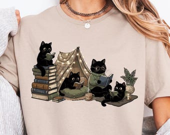 Black Cat Reading Book Lover Shirt, Cozy Reader Gift For Mom,Librarian Teacher Tee, Cute Bookish Cat Top, Introvert Bookworm Outfit,