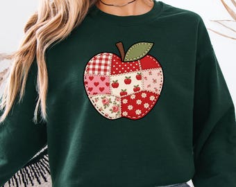 Faux Patchwork Teacher Team Shirt, Back To School Apple Printed Tee, Teacher Appreciation Gift, Cute Educator Outfit, Retro Apple Top,