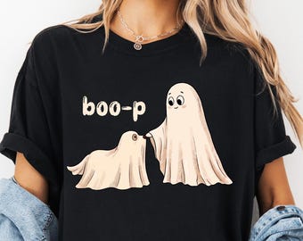 Boo-P Funny Halloween Ghost Tee, Ghost and Dog Booping Shirt,Cute Spooky Season Top, Dog Lover Halloween Apparel, Trick Or Treat Outfit,