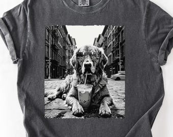 Golden Retriever Drinking Iced Milk Coffee Shirt, Dog Lover Art Tee,Cool Animal Graphic Top, Black And White City Street Photography,