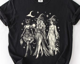 Halloween Gothic Cat Skeleton Zombie Witches Vintage Shirt,Spooky Season Graphic Tee, Retro Fall Festival Outfit, Macabre Top,