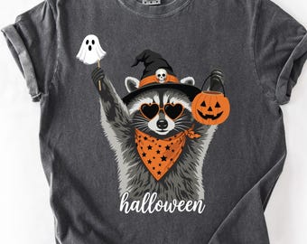 Raccoon Halloween Shirt, Spooky Season Graphic Tee, Funny Trash Panda Witch Top, Cute Animal Fall Outfit, Jack O Lantern Ghost,