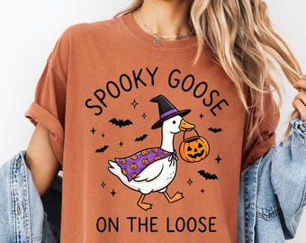 Spooky Goose Halloween Cute Season Funny Witch Costume Tee,On The Loose Trick Or Treat Top, Fall Festival Animal Graphic Shirt,
