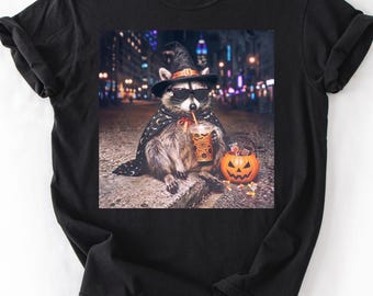 Cozy Raccoon Ghost Iced Coffee Shirt, Cute Halloween Trash Panda Tee, Spooky Season Witch Graphic Top, Funny Fall Animal Apparel,