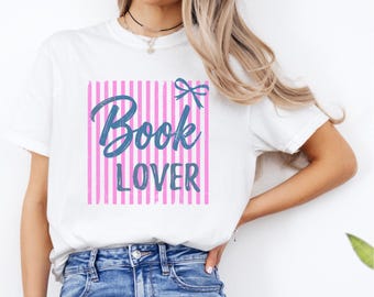 Coquette Book Lover Shirt, Preppy Stripes Bookworm Tee, Reading Club Graphic Top, Trendy Booktok Apparel, Cute Librarian Gift, Pink Bow,