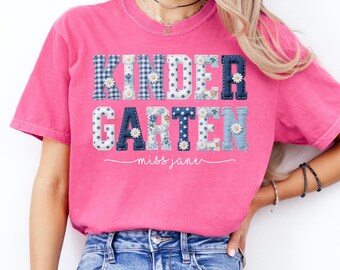 Back To School Kindergarten Teacher Shirt, Personalized Floral Blue Faux Patchwork Tee, Custom Name Educator Gift, First Day Of School,