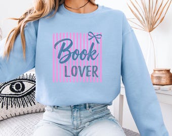 Coquette Book Lover Shirt, Preppy Stripes Bookworm Tee, Reading Club Graphic Top, Trendy Booktok Apparel,  Cute Librarian Gift, Pink Bow,