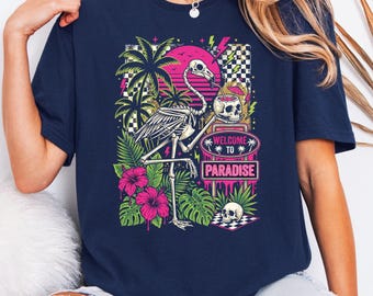 Welcome To Paradise Summerween Shirt, Skeleton Flamingo Goth Summer Tee, Spooky Beach Halloween Graphic Top, Tropical Goth Outfit,