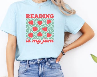 Reading Is My Jam Shirt, Retro Strawberry Bookish Tee,Book Lover Gifts for Readers, Banned Books Top, Groovy Bookworm Apparel, Summer,