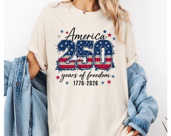 America 250 Years of Freedom Shirt, Distressed Faux Patchwork 1776 USA Flag Tee,  4th of July 2026 Tee,Digital Print Not Real EMBROIDERY,