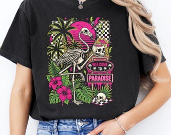 Welcome To Paradise Summerween Shirt, Skeleton Flamingo Goth Summer Tee, Spooky Beach Halloween Graphic Top, Tropical Goth Outfit,