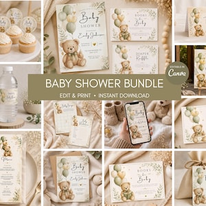 Bundle neutre nounours pour baby shower, vert sauge, bohème pastel, ensemble de modèles de toile modifiables, invitation mobile, panneau de bienvenue, jeux, inserts décoratifs