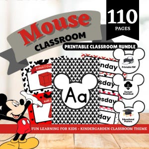 May include: A printable classroom bundle with a Mickey Mouse theme. The image features the text "Mouse Classroom" and "Printable Classroom Bundle". Includes 110 pages of educational posters and learning materials. The bundle includes printable PDF and instant download options.