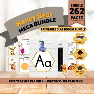 Pacchetto completo di decorazioni per la classe a tema orsetto di miele / Poster educativi per la scuola materna (download digitale)