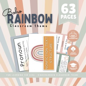 May include: A digital educational resource set featuring 63 pages with a rainbow theme. The design includes cards labeled Pronoun and Nonfiction Text Structure, alongside circular icons for printable PDF, instant download, and educational posters.